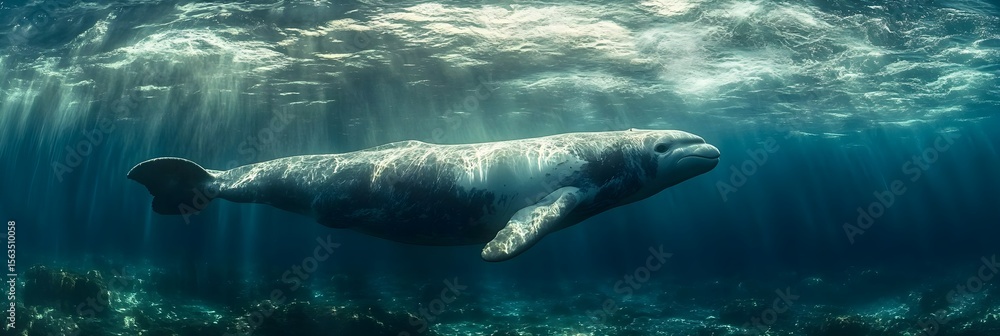 Naklejka premium Majestic Whale Swimming Underwater Sunbeams Ocean Wildlife