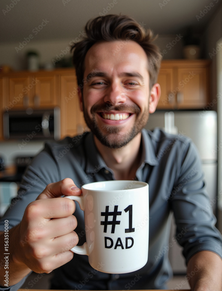 Father's Day presents showing man smiling with mug in kitchen. Father's Day presents mug displays number one dad, happy man holds up gift showing pride. Father's Day presents showing man smiling with mug in kitchen. Father's Day presents mug displays number one dad, happy man holds up gift showing pride.