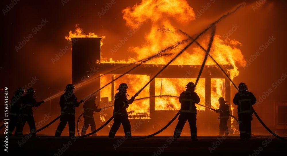 Fototapeta premium Firefighters Battling Building Fire at Night with Water Hoses