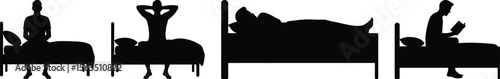 A set of four silhouette vector icons showing a person sleeping, reading, and relaxing in a simple bed frame at home.