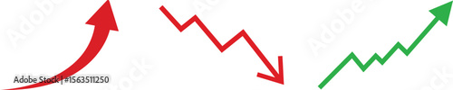 Three arrows showing upward growth downward trend and stock market fluctuations isolated on transparent background