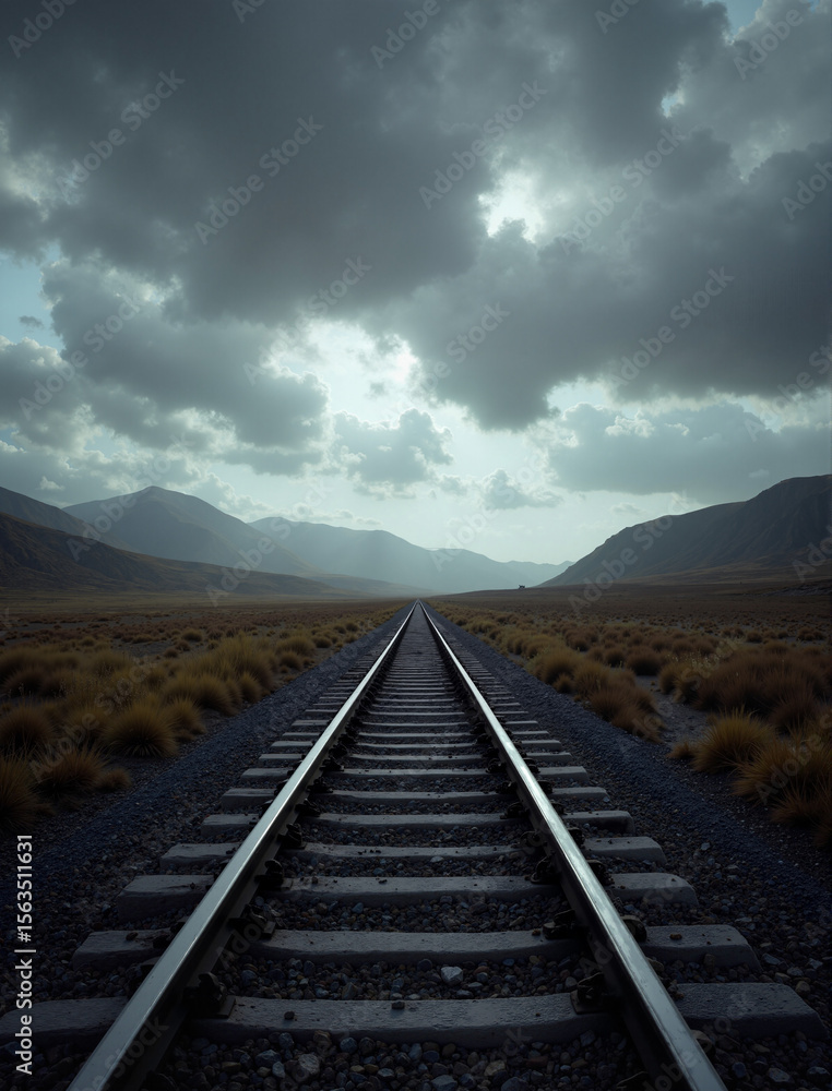 Fototapeta premium Moody railway extends to horizon with stormy sky, a moody railway stretching through desolate landscape. Moody railway leads into distance, ominous clouds hang above barren fields,