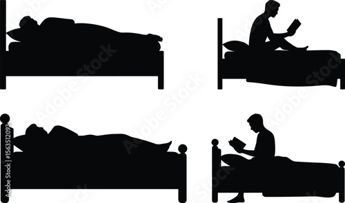 A collection of four silhouette vector graphics of a person sleeping and reading in a classic four-poster bed at night.