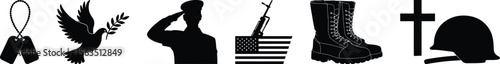 A set of military memorial silhouette vector icons including a saluting soldier, dog tags, and battlefield cross with boots.