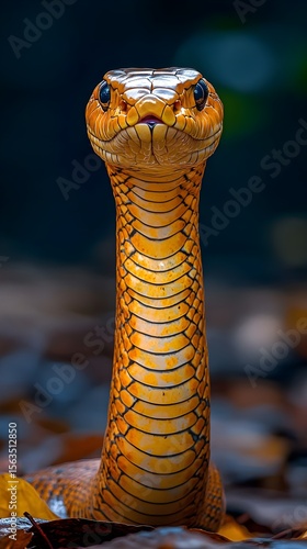 Close up Portrait of a Golden colored Snake Its Head Held High in Autumn Leaves