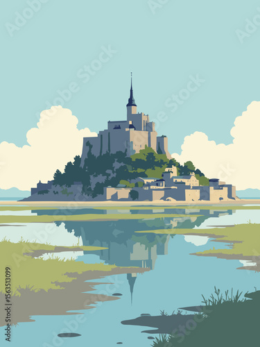 Mont Saint‑Michel rising above tidal flats in stone gray towers, sea blue reflection, moss green patches, and cream clouds