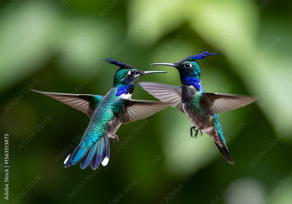 Fototapeta premium Two Iridescent Hummingbirds in Flight