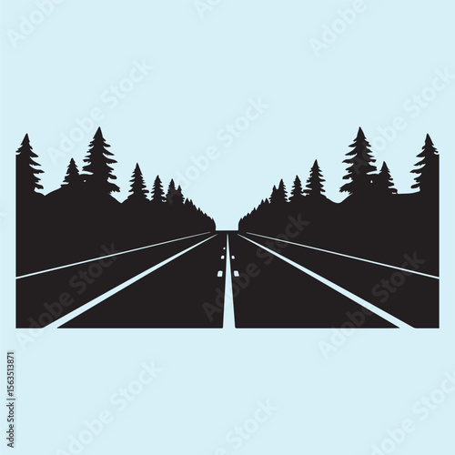 Empty Road Through Pine Forest Silhouette