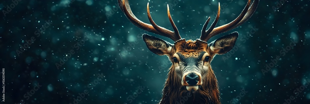 Fototapeta premium Majestic Deer Portrait in Winter Snowfall A Close Up of a Male Deer with Antlers