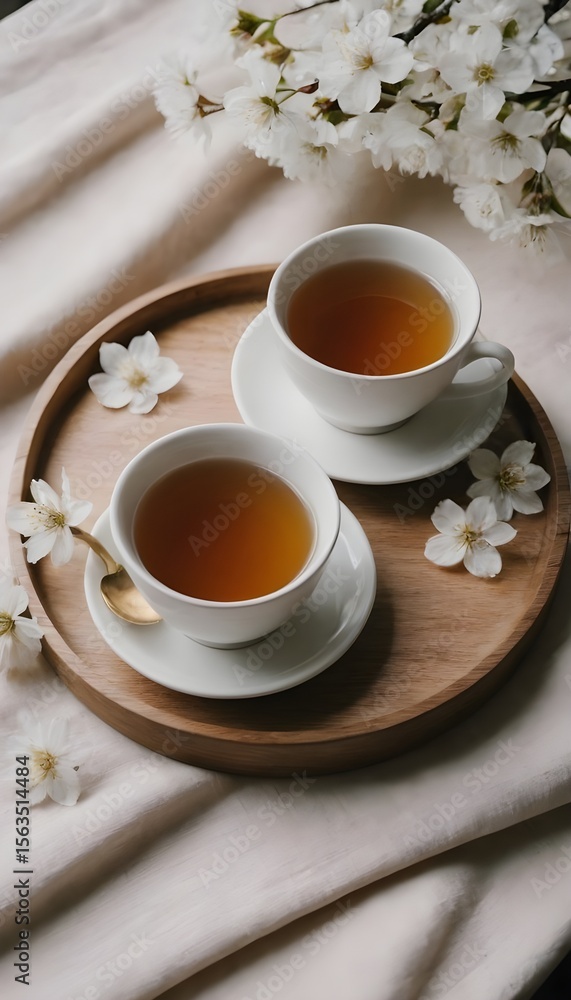 Tranquil Tea Moment with Cherry Blossoms and Soft Light Tranquil Tea Moment with Cherry Blossoms and Soft Light