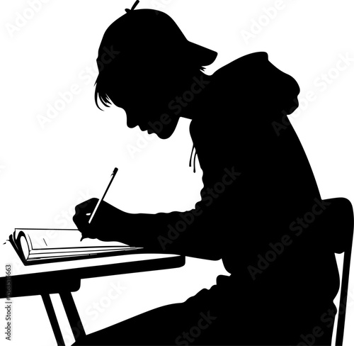 Young Student Studying and Writing at Desk Silhouette - Education Vector Illustration