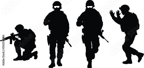A collection of four special forces or swat soldier silhouette vector icons in different tactical poses including surrendering.