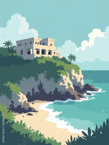 Tulum Ruins atop a cliffside beach in weathered stone gray, turquoise ocean, beach beige, and jungle green