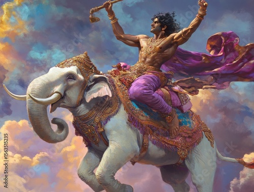 Deity rides an elephant in the clouds