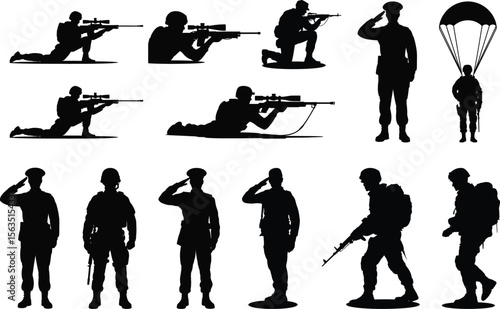 A collection of military soldier silhouette vector icons, featuring snipers aiming rifles, saluting soldiers, and a paratrooper.
