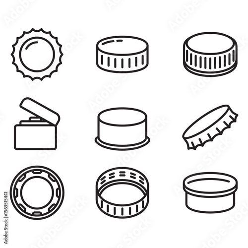 Collection of various bottle cap shapes. Thin line style vector.