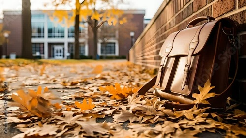 Leather briefcase rests against brick wall near campus with autumn leaves falling. Education, study, back-to-school concepts. Ideal for marketing college services.