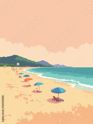 Copacabana Beach panorama with beach sand gold, ocean teal blue, sky pastel pink-orange, and colorful umbrellas