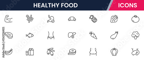 Healthy food icons in line vector style showcasing various nutritious items and drinks for a balanced diet