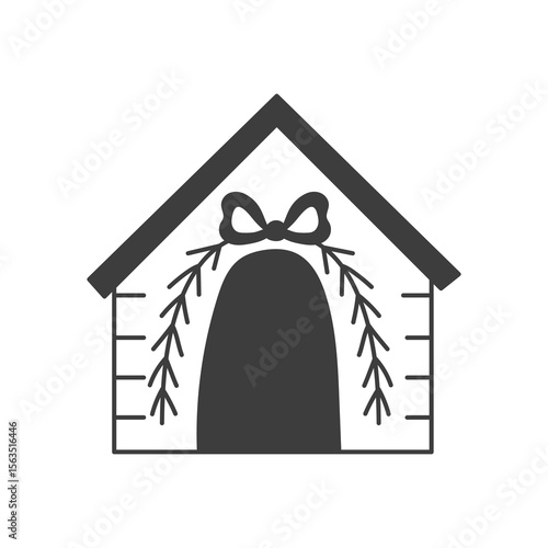 Doghouse with Christmas Decoration. Line drawing garland for pet holiday design. Vector illustrations. 