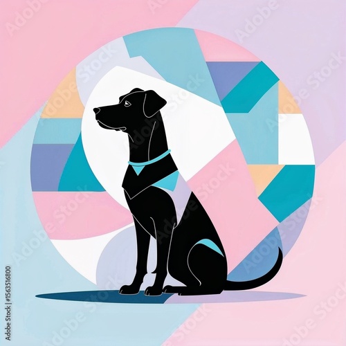 Minimal Geometric Abstract with Black Dog Silhouette – Pastel Blue & Pink Background
