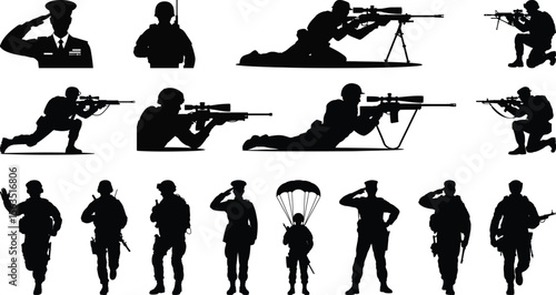 A large bundle of military soldier and special forces silhouette vector graphics in various poses, including sniper and parachute.