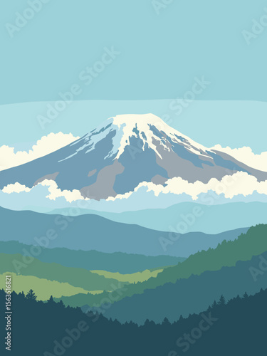 Mount Kilimanjaro's snowcapped peak above clouds with glacier white, mountain gray, jungle green foothills, and blue sky