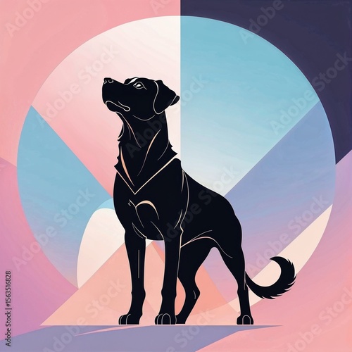 Minimal Geometric Abstract with Black Dog Silhouette – Pastel Blue & Pink Background