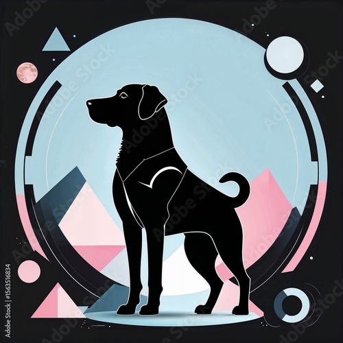 Minimal Geometric Abstract with Black Dog Silhouette – Pastel Blue & Pink Background
