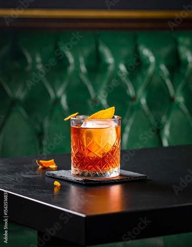 Negroni-style cocktail with orange peel and ice in textured glass on black table in dark elegant bar with green leather background.
