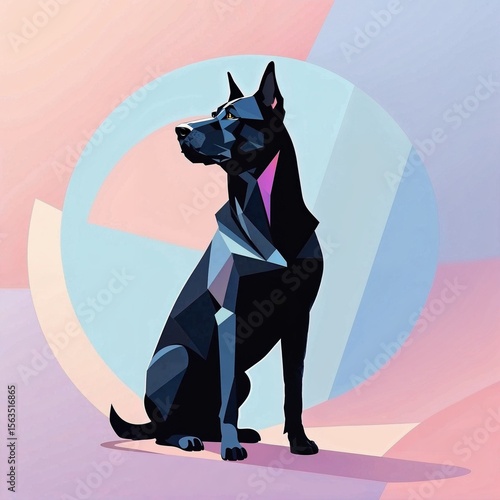 Minimal Geometric Abstract with Black Dog Silhouette – Pastel Blue & Pink Background