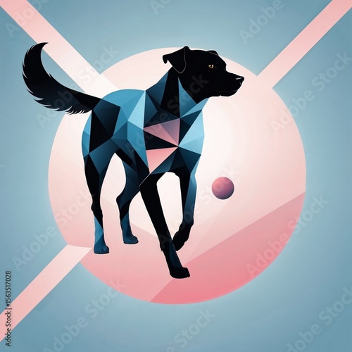 Minimal Geometric Abstract with Black Dog Silhouette – Pastel Blue & Pink Background