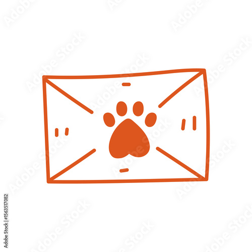 Christmas Envelope with Paw Icon. Festive letter with cat print seal for holiday cards and invites. Vintage vector illustration in doodle style