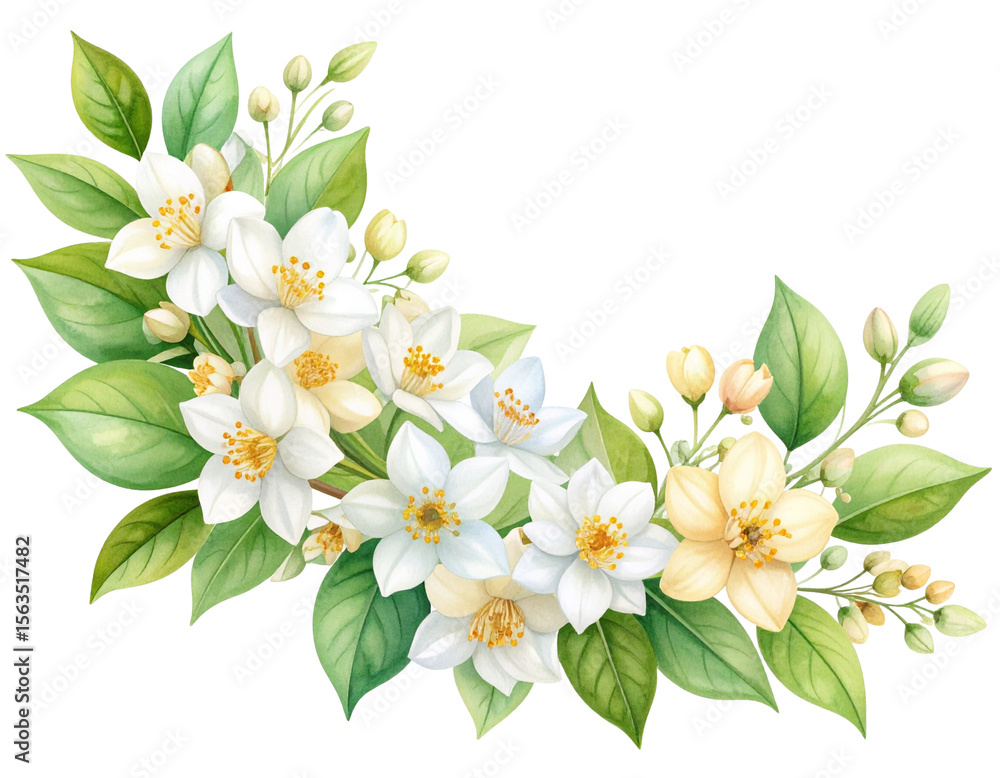 Fototapeta premium Stephanotis Flower Corner Cluster with Leaves in Watercolor Style, Transparent Background.