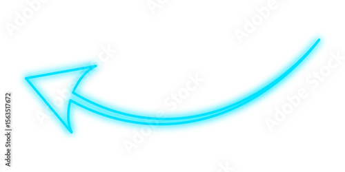 Glowing blue neon curved arrow pointing upward left on white background for web or presentation use	