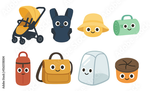 Cute cartoon baby accessories with smiling faces for kids and nursery themes