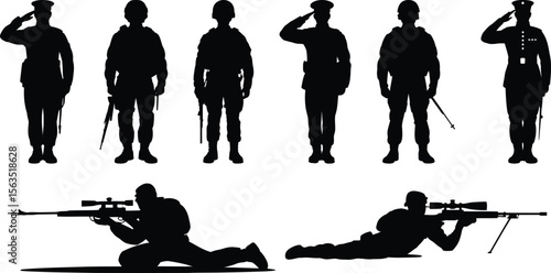 A collection of military soldier and sniper silhouette vector graphics in various saluting and aiming poses for design.