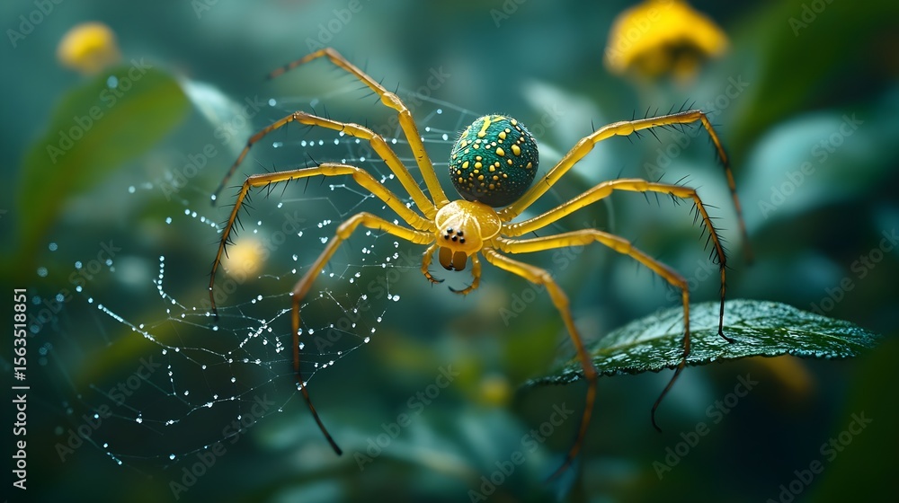 Fototapeta premium Vibrant Yellow Spider on Dew Covered Web in Lush Green Garden