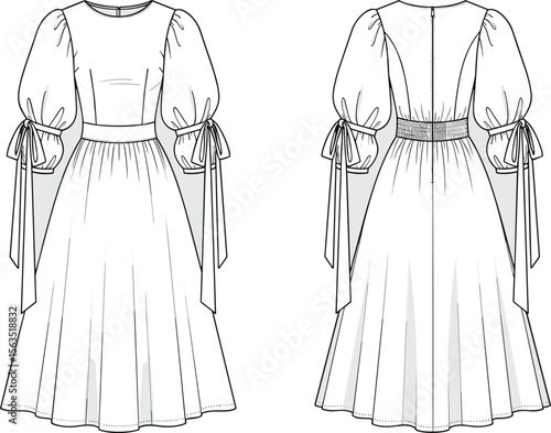 Elegant puff sleeve midi dress flat sketch, fashion technical drawing, vector template for sewing design, CAD apparel illustration