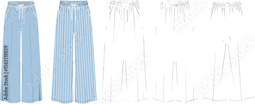 Flat front and back view wide leg palazzo pants fashion CAD, technical vector illustration with drawstring waist, pockets, stitch detailing