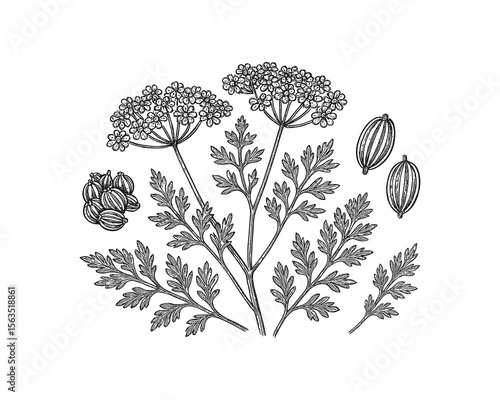 Detailed Anise Illustration: Botanical Engraving of Anise Plant with Flowers and Seeds