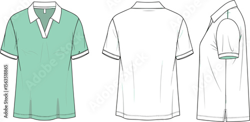 Front, back and side view of short sleeve polo shirt, flat sketch vector, fashion cad drawing, technical apparel illustration