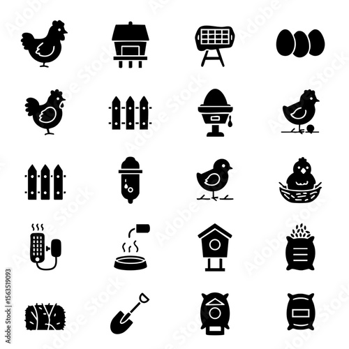 Glyph Icon Set for Backyard Chicken Coop, Solid Silhouette Style