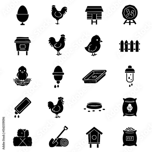 Glyph Icon Set for Backyard Chicken Coop, Solid Silhouette Style