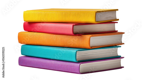 Stack of five colorful hardcover books isolated on transparent background