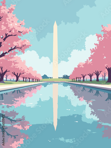 Washington Monument reflected in pool surrounded by cherry blossoms in marble white, pink bloom, and sky cyan