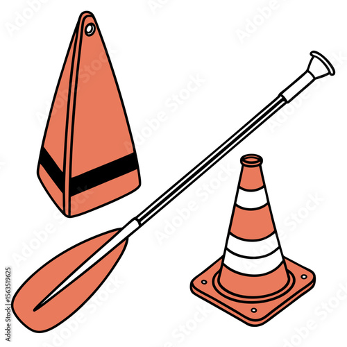 Orange training cones and paddle on white traffic cone sports equipment