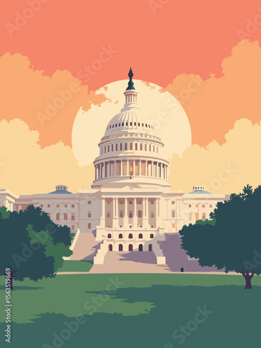 Capitol Building dome at sunrise in ivory stone, American flag red and blue, lawn green, and warm amber sky