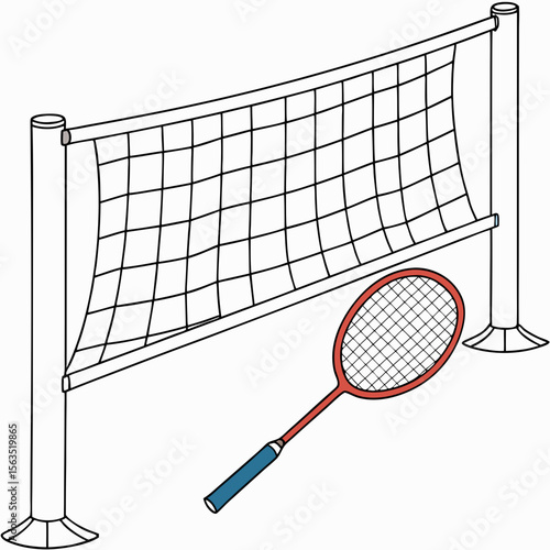 Red badminton racket and net on white sports game