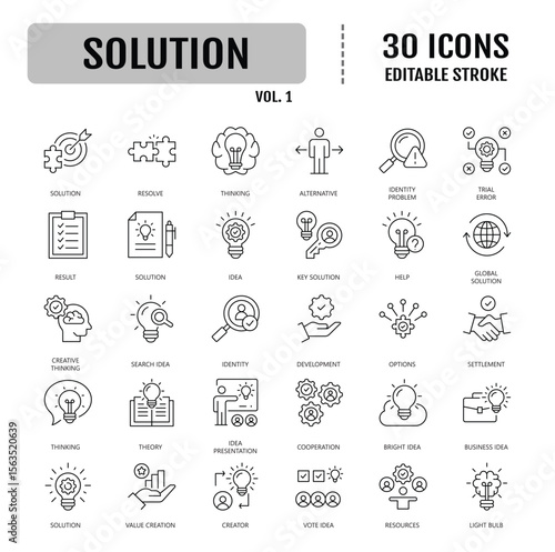 Solution line editable icon set. Containing problem solving, resolve, alternative, answer, maze, issue, and more. Vector illustration